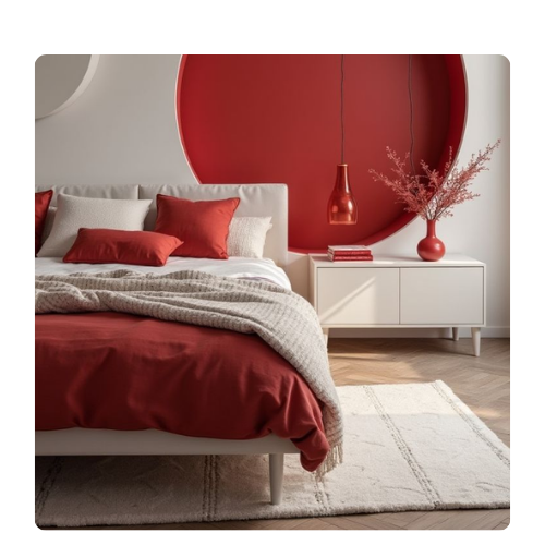 Chambre design aux tons rouges et blancs Chambre moderne décorée dans des tons rouges et blancs, avec linge de lit assorti, vase fleuri et mur circulaire accentué de rouge pour une ambiance chaleureuse et harmonieuse.