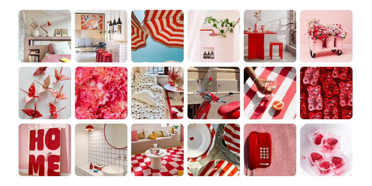 Moodboard déco rouge et rose : inspirations et détails Grand moodboard d’inspirations déco dans les tons rouges et rosés : objets design, fleurs, textiles, vaisselle, luminaires et détails graphiques. Un ensemble vibrant qui célèbre la couleur, la créativité et les ambiances chaleureuses.
