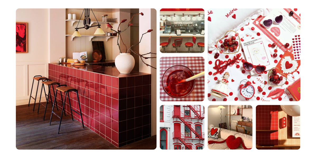 Moodboard déco rouge : cuisine, objets et inspirations Composition d’images autour du rouge : une cuisine carrelée, un bar rétro, des accessoires, des objets design et des détails inspirants. Un moodboard déco vibrant qui explore les nuances du rouge, entre modernité, chaleur et audace.